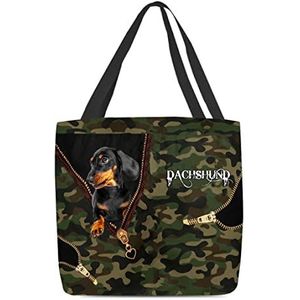 177 Boodschappentas Zwart Tan Teckel Hond Rits Leger Camo Militair Patroon Shopper Bag Opvouwbare Strand Tote Bag Waterdichte Schoudertas Voor Dagelijks Gebruik, Picknick, Winkelen, 15X50X40cm,