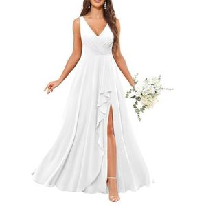 Chiffon baljurken voor dames, mouwloos, bruidsmeisjesjurken voor bruiloft, cocktailjurk, grote maten, Wit, 32