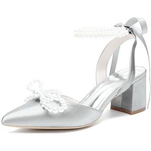 KYEGLO Dames Sandalen Met Spitse Neus, Satijnen Blokhak En Parel Enkelbandje, Gesloten Neus Met Parelstrikje - Ideaal Voor Casual Gelegenheden, Werk En Bruiloften,Zilver,36