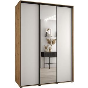 MEBLE KRYSPOL Cannes 3 Moderne Kledingkast met 3 Schuifdeuren met Bar, Planken en Spiegel - Opbergkast voor Slaapkamer, Woonkamer - 205,2x170x45 cm - Artisan White Zwart