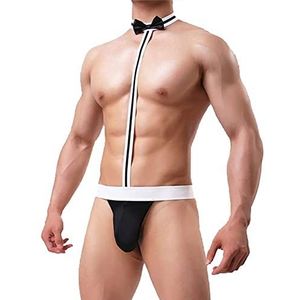 ROSVAJFY Mannen Sexy vlinderdas bodysuit string ober cosplay kostuum, Mankini strand badmode jarretel string elastische G-string butler borat ondergoed, Zwart, One size