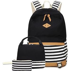 3 stks School Rugzak Set Book Bag, Navy Stripe Kawaii Polka Dot Daypack Meisje Tiener Student, Leuke Geïsoleerde Lunch Box Bag Canvas Combo Schouder Tote Purse Potlood Case, Back School Supply, Zwart, Large, Klassiek