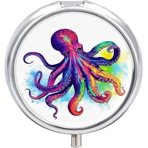 Ronde pillendoos met spiegel 3 compartimenten medicijndoosje kleurrijke octopus pillenhoes voor portemonnee zak wekelijkse pillenorganisator reizen pillendoos pillencontainer houder voor vitamine