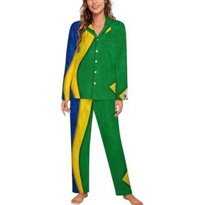 Voetbal Met Braziliaanse Nationale Vlag Vrouwen Lange Mouw Button Down Nachtkleding Zachte Nachtkleding Lounge Pyjama Set L