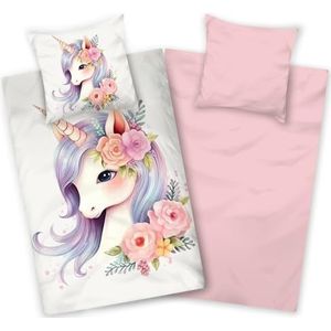 Aminata kids Beddengoed 135 x 200 cm, kinderen, meisjes, katoen, eenhoorn, roze, tweezijdig kinderbeddengoedset, bloemen, eenhoorns