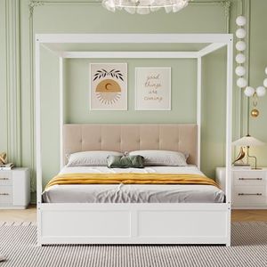 YuQozii Hemelbed, 140 x 200 cm, met grote laden en zachte rugleuning, houten bed (wit)