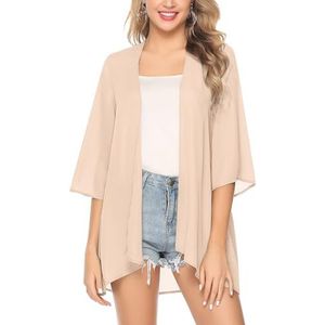 Irevial Dames chiffon kimono cardigan 3/4 mouw bikini cover up bloemen print licht strand open voorkant jas voor zomer, Effen crème, L