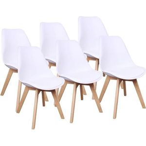 Herbalady Eetkamerstoelen, set van 6 Scandinavische stoelen, moderne stoelen met zachte bekleding en solide beukenpoten, ergonomische eetkamerstoelen, geschikt voor keuken, eetkamer, woonkamer (wit)