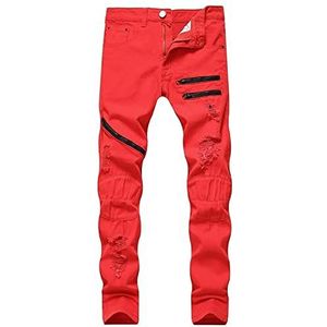 Gescheurde Skinny Stretchjeans Voor Heren Slim Fit Noodlijdende Spijkerbroek Casual Rechte Spijkerbroek Moto Biker-jeans (Color : Rouge, Size : L)
