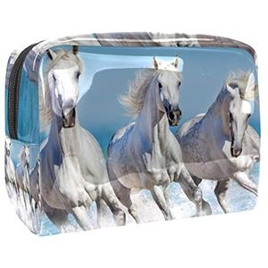 Drie Witte Running Paarden Water Blue Sky Print Reizen Cosmetische Tas voor Vrouwen en Meisjes, Kleine Waterdichte Make-up Tas Rits Pouch Toiletry Organizer, Meerkleurig, 18.5x7.5x13cm/7.3x3x5.1in, Modieus