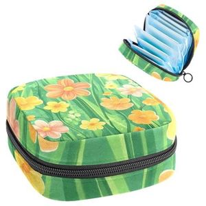 Opbergtas voor maandverband, bloemen en groen gras, naadloze achtergrond, draagbare menstruatiematas, inlegkruisjes, tampons, maandverband, opberghouder voor vrouwen, school, kantoor