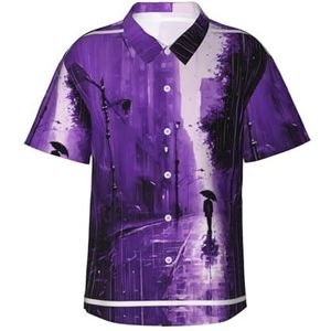 ERSDWRE Paars Rain02 Print Heren Korte Mouw Button-Down Shirts Casual Zomer Strand Shirts Hawaii Shirt voor Mannen, Zwart, S
