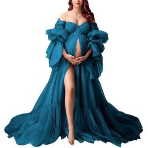 KIYNE Zwangerschapsjurk met lange mouwen voor fotoshoot, tule bruidsjurk, zwangerschapsjurk voor babyborrel, Pauw, 58/Meer