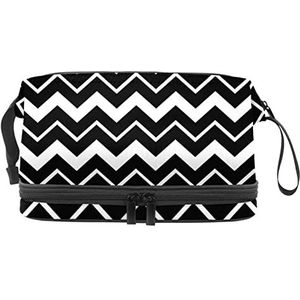 Dubbellaags Cosmetische Tas Zwart en Wit Strepen Draagbare Make-up Tas Reizen Organizer Pouch Voor Vrouwen Meisjes Toiletries Tassen, Meerkleurig, 27x15x14 cm/10.6x5.9x5.5 in, Make-up zakje