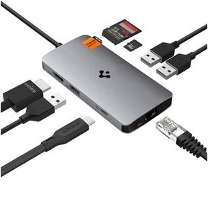 Spigen 8-in-1 USB C Hub Multiport Adapter 100W PD 3.0 microSD/SD-kaartlezer 5 Gbps datapoort voor MacBook Pro Air M1 M2 Steam Deck Dell XPS 4K 60Hz HDMI Ethernet USB C en 3 USB A-poort