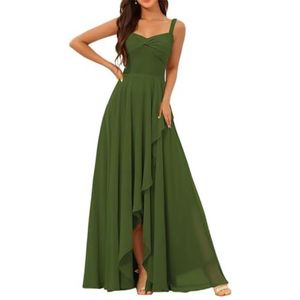 Chiffon bruidsmeisjesjurken voor dames, met split, lange baljurken, cocktailjurken, grote maten, Olijfgroen, 32