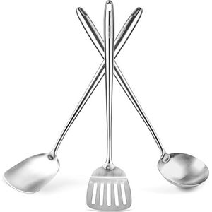 YOSUKATA Roestvrij Staal Wok Spatel, Pollepel en Slotted Turner 43 cm - RVS Keukengerei - Slijtvast Wokspatel Pollepel en Keerspatel - Keukenhulp Kookgereedschap Toolset - Roestvrijstalen Keukengerei