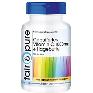 Fair & Pure ® - Gebufferde Vitamine C 1000mg + Rozenbottel - 500 tabletten Calcium-L-Ascorbaat - Bulkpakket, hoog gedoseerd en biologisch beschikbaar - Veganistisch - Duitse kwaliteitsproductie