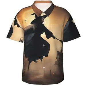 Halloween Heks Vliegende 2 Print Leuk Hawaiiaans Shirt voor Mannen Casual Korte Mouw Button Down Shirts Zomervakanties, Zwart, S