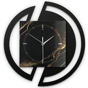 Kreative Feder Ronde 3D designer-wandklok ""Black & Gold Waves"" in moderne metallic look zwart-goud zonder tikkende geluiden (stil radiouurwerk)