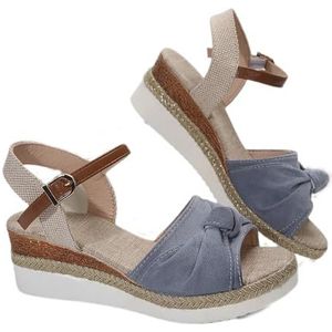 Retro Espadrille Sandalen Met Sleehak Elegante Damessandalen Met Strikken Zomer Peep Toe Slippers Met Gesp Platform Romeinse Sandalen Vrijetijdsstrandschoenen (Color : Blue, Size : 39 EU)