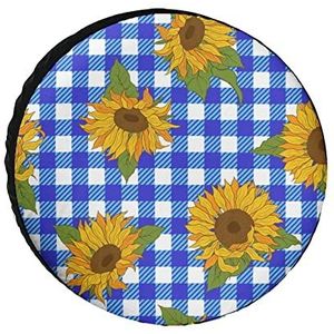 Heldere Zonnebloemen op Blauwe Plaid Grappige Reserveband Cover Weerbestendige Wielbeschermers Camping Decor voor de meeste Voertuigen