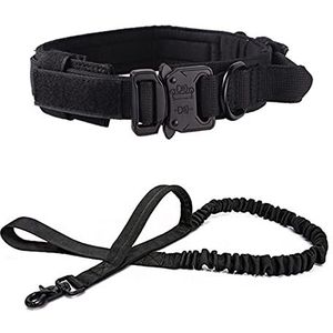 Tactische nylon halsband en riem Verstelbare trainingshalsband voor kleine middelgrote grote hond-zwarte halsband, M