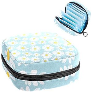 Maandverband Opbergtas,Draagbare maandverband Opbergzak,Little Daisy White Flowers Lichtblauw, Meerkleurig, 4.7x6.6x6.6 in/12x17x17 cm