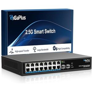 18-Poorts 2.5Gb Onbeheerde Ethernet-Switch met 16* 2.5G Base-T-Poorten, 2* 10G SFP+-Poorten. GiGaPlus 2.5Gbps-Netwerkswitch voor 2.5Gbps NAS/PC, Draadloos AP, WiFi6-Router, Ventilatorloos Ontwerp