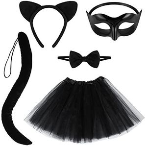 Halloween kattenkostuumset, kattenoren hoofdband staart strikje halve tutu rok kat cosplay accessoires for dames (zwart)