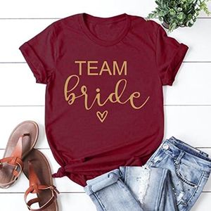 Bachelorette Team Bruid T-shirt Bruiloft T-shirt Kort Dames Tops-Wine red-1,M