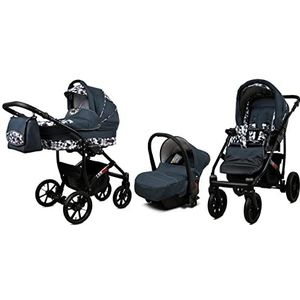 BabyLux Largo 3 in 1 Baby Reis Systeem Kinderwagen Autostoel Afneembare Regenhoes Voetenzak Dragende Wielen Pasgeborene tot Baby Grey Geometric Black Frame