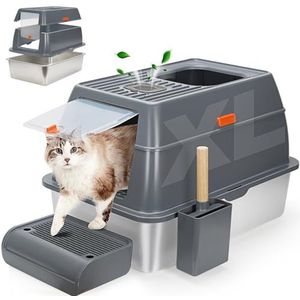WANTRYAPET Roestvrijstalen kattenbak met deksels, ingesloten overdekte kattenbak voor grote katten, dubbelzijdige extra grote behuizingen anti-lekkage dubbele ingang-XLDarkGrey