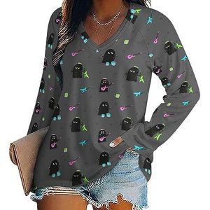 Rock Band of Cute Monster Casual T-shirts met lange mouwen voor dames, V-hals bedrukte grafische blouses Tee Tops L