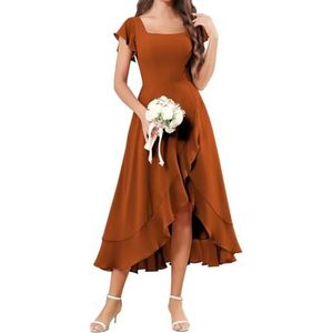 Korte Mouw Bruidsmeisje Jurken voor Bruiloft Hoge Lage Chiffon Formele Avond Party Maxi Gown Thee Lengte AH157, Verbrand Oranje, 32
