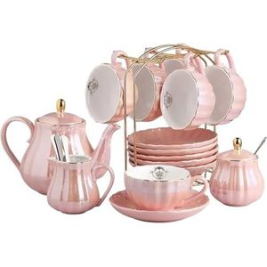 XPJYUA Kop- en schotelset porseleinen theeservies, 8 oz kopjes en schotel, servies voor 6 personen, met theepot suikerpot room kruik theelepels