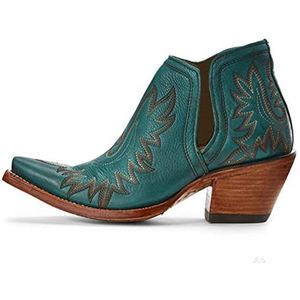 Dames puntschoen geborduurde dikke hak laarzen, dame vintage mode laarzen herfst winter western cowboylaars nieuwe teen dikke hak grote maat korte damesschoenen enkellaarsjes,Groen,42 EU