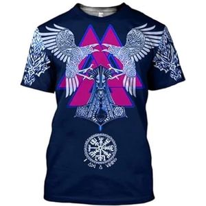 Nieuwigheid Viking Odin Crow T-shirt, Noordse 3D-geprinte Thor's Hamer Tattoo Voor Heren Casual Ronde Hals Korte Mouwen, Zomer Sneldrogende en Coole Kleding (Color : Crow A, Size : 3XL)