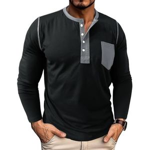 Heren casual poloshirt met lange mouwen, katoenen T-shirt met knoopjes, mode herfst winter basic T-shirts, tops met knoopjes(Black,3XL)