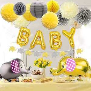 Babyshowerdecoratie Neutraal voor jongen of meisje, Babyshower Geel en grijs Olifant Thema Papieren Pom Poms en Lantaarns, Olifant Wandelende Ballon en Slinger