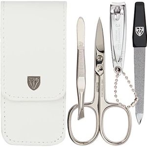 DREI SCHWERTER - 4-delige nagelverzorgingsset 'Capri' | Hoogwaardige nageletui voor manicure en pedicure. Kleur: kunstleer wit| Inhoud: nagelschaar, nagelknipper, pincet, saffier nagelvijl