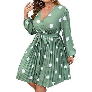 voor vrouwen jurk Plus Polka Dot Print Lantaarnmouwen Overlappende kraag Geplooide zoom Riemjurk (Color : Mint Green, Size : XXL)