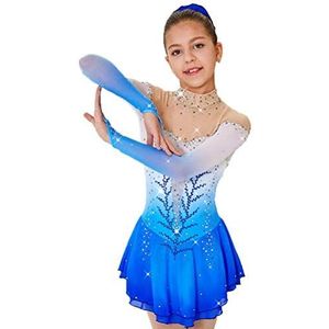 Nnnydjy Professionele kunstschaatsjurk voor dames Meisjes schaatswedstrijd dansrok Asymmetrische zoom Ritmische gymnastiekkleding Lange mouw Handgemaakt,A,11_13Years