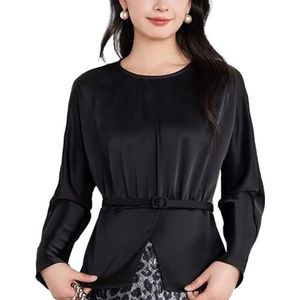 ROUZIHU Chiffon shirt dames tops slim fit blouse ronde hals lange mouwen dames taille kort shirt, Svart, XXL