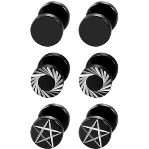 6 stuks zwart roestvrij staal heren womens pentagram stud oorbellen doorboord faux meters oordopjes tunnel illusie 8mm/10mm