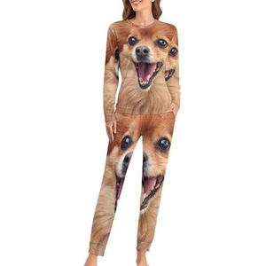 Pommeren Hond Zachte Dames Pyjama Lange Mouw Warme Fit Pyjama Loungewear Sets met Zakken L