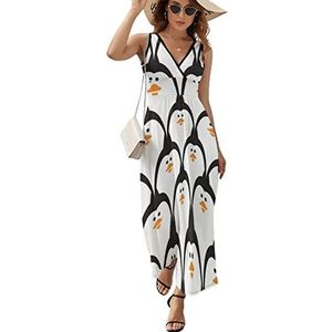 Leuke Pinguïn Patroon Casual Maxi Jurk Voor Vrouwen V-hals Zomer Jurk Mouwloze Strandjurk 2XL