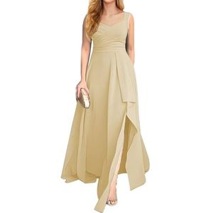 KURFACE Chiffon bruidsmeisjesjurk met split geplooide mouwloze lange avondjurk voor dames, Champagne, 32