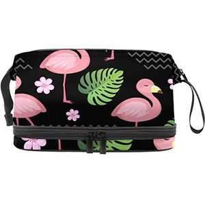 Dubbele Laag Cosmetische Tas Zwart Flamingo Draagbare Make-up Tas Reizen Organizer Pouch voor Vrouwen Meisjes Toiletartikelen Tassen, Meerkleurig, 27x15x14 cm/10.6x5.9x5.5 in, Make-up zakje