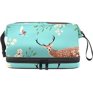 Dubbellaags Cosmetische Tas Bloem Herten Draagbare Make-up Tas Reizen Organizer Pouch Voor Vrouwen Meisjes Toiletries Tassen, Meerkleurig, 27x15x14 cm/10.6x5.9x5.5 in, Make-up zakje